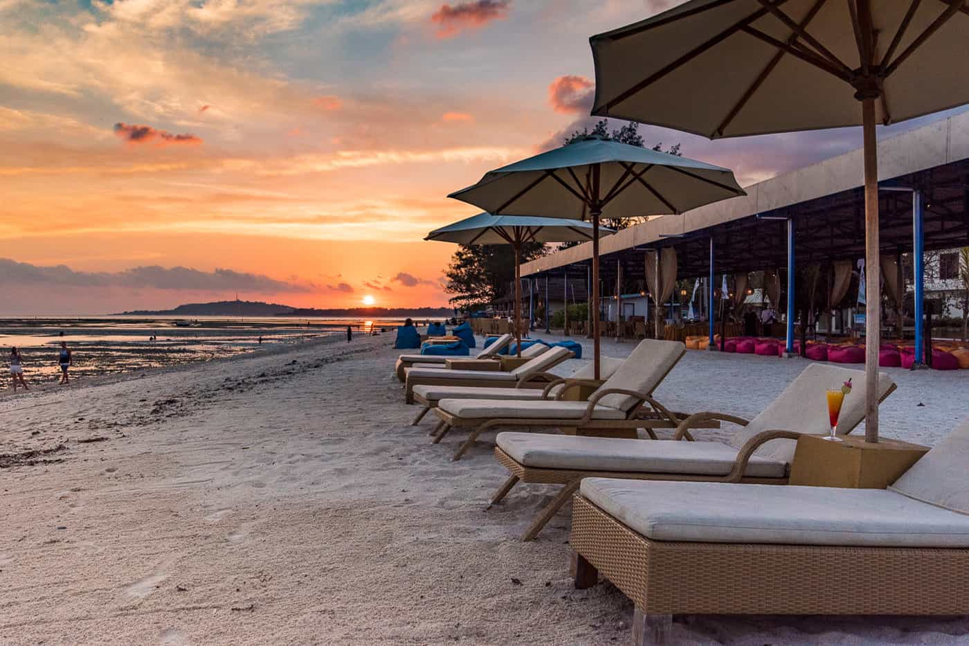 Sunset beach view at Hotel Ombak Paradise in the Gili Islands of Lombok Indonesia